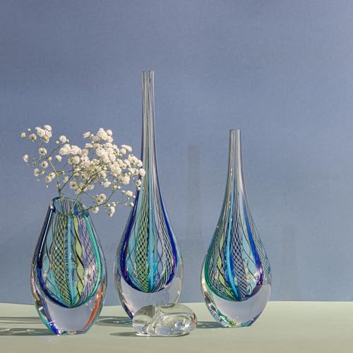 Cá d'Oro Murano Style Blue Hand Blown Art Glass Drop Vase - Boho Home Decor