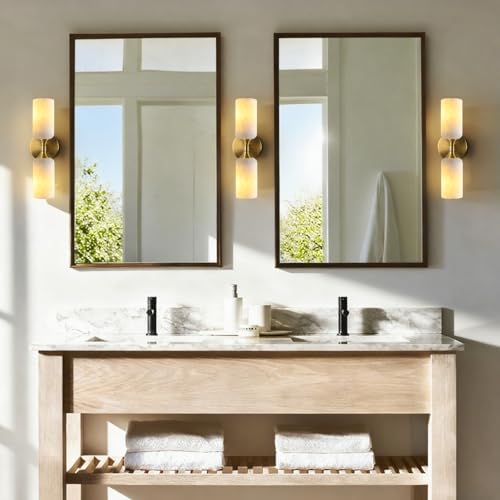 Gold 15in Natural Alabaster Wall Sconce Marble Bathroom Vanity Light