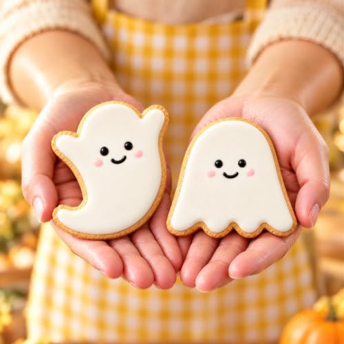 COOKIEQUE 2-Piece Halloween Ghost Cookie Cutters - Food-Grade Stainless Steel, Red Top Edge