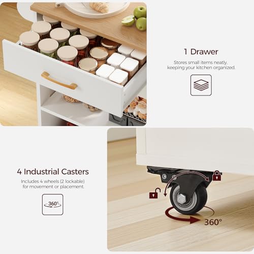 Mobile Kitchen Island Cart with Drawer and Shelves - White & Natural Finish