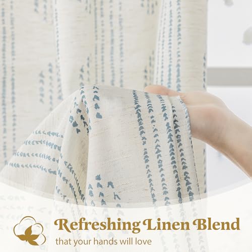 Boho Linen Curtains 52 W x 84 L - Blue Grommet Top 2 Panels - Farmhouse Style