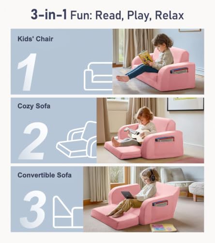 Kids Convertible Sofa Bed - Pink, 3-in-1 Flip Open Child Couch for Play & Rest - Large