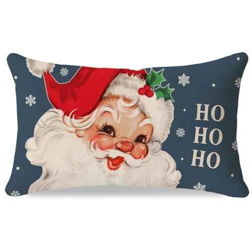Christmas Throw Pillow Cover 12x20 Inch, Vintage Santa Claus Snowflake Navy Blue Lumbar Decorative Cushion Case, Outdoor Xmas Winter Holiday Decoration for Sofa Couch Home Porch Decor