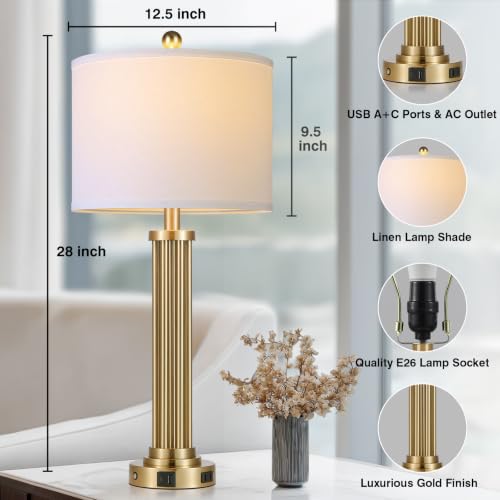 Modern 28-Inch Gold Table Lamps Set of 2 with USB-C, AC, 3-Way Touch