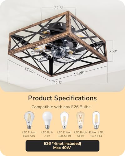 EDISHINE 20-Inch Rustic Cage Ceiling Fan with Lights and Remote - Gold