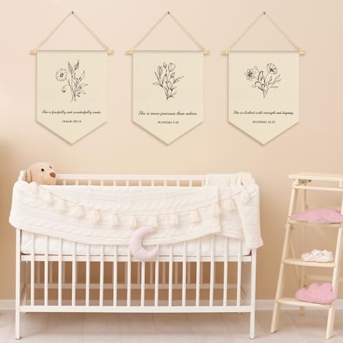 VitalCozy 3 Pcs Nursery Scripture Bible Verse Christian Botanical Decor Canvas Hanging Pennant Flag Banner Wall Sign Decor Gift for Nursery Bedroom Playroom Front Door Baby Kids Girl Boy Birthday Gift