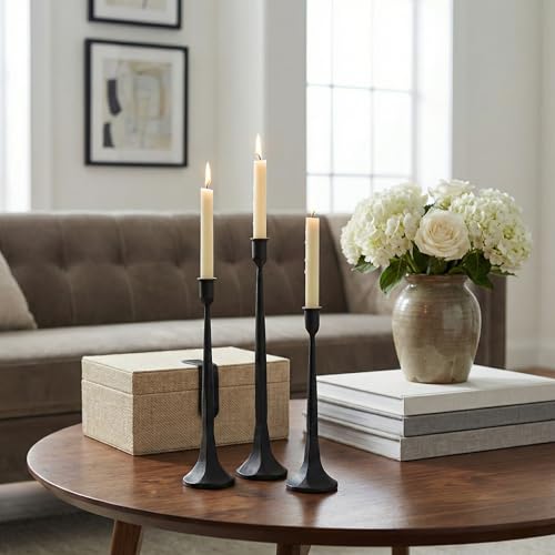 Black Cast Iron Taper Candle Holder Set of 3, Tall Rustic Candle Stands for Wedding & Home Decor – 12”, 14”, 15.5” Variations