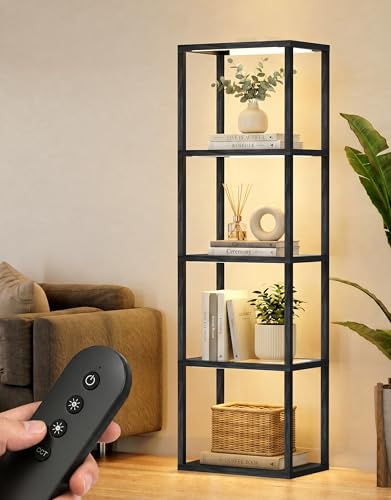 PARTPHONER Dimmable Glass Display Shelf Floor Lamp with Remote Control, 3 Color Temps, Black