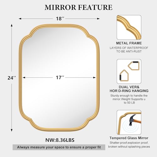 Ferytange 18x24 Gold Rectangular Wall Mirror with Metal Frame for Bathroom