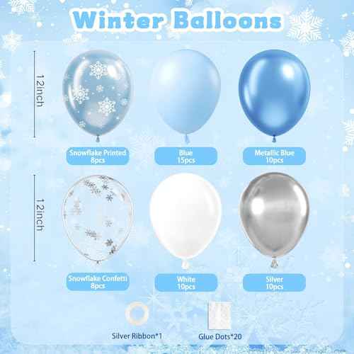 61pcs Winter Wonderland Balloons Set, Snowflake Confetti Balloons Blue Metallic Silver White Balloon for Snowflake Frozen Christmas Winter Wonderland Birthday Party Decoration