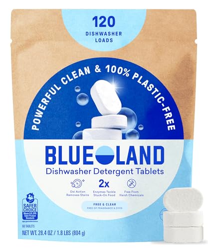 BlueLand Fragrance-Free 120 Count Plastic-Free Dishwasher Detergent Tablets - Eco-Friendly & Powerful Cleaning
