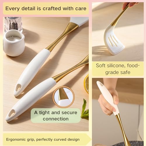 White Gold Silicone Cooking Utensils Set - Non-Toxic, Dishwasher Safe Kitchen Tools with Heat-Resistant Handles - Includes Spatula & Spoon (Variation: White Gold)