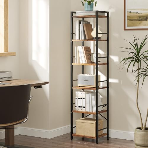 Tall 6-Tier Bookcase with Side Rails - Rustic Brown & Black, Space-Saving Shelving