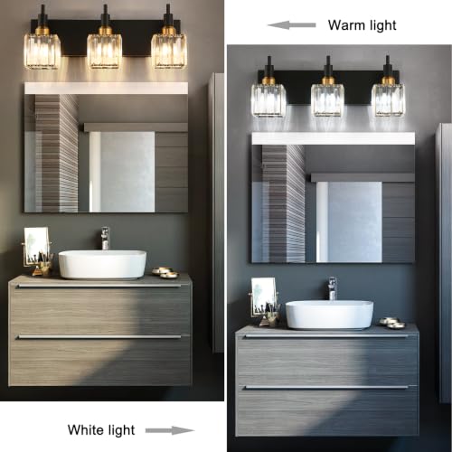 Black Gold Square Shade 3-Light Crystal Vanity Light Fixture for Bathroom – Modern Brass Wall Sconce