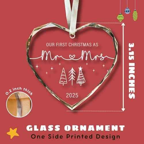 First Christmas Married Ornament 2025 - Mr and Mrs Gifts, Wedding Gifts - Wedding Gift for Couples 2025, Newlyweds, Bride - Bridal Shower Gift Ideas - Glass Christmas Hanging Ornament