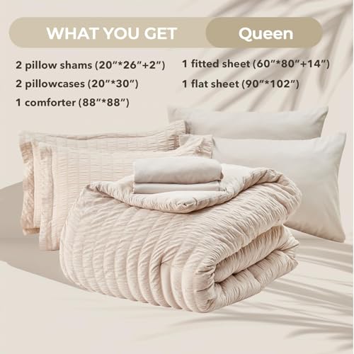 Queen Comforter Set - 7-Piece Seersucker Bedding in Beige, 88x88 Inches - Bed in a Bag with Deep Pocket Fitted Sheet