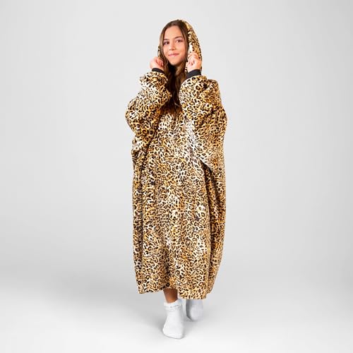 Carstens Premium Leopard Print Hooded Blanket Hoodie for Adults, Wearable Throw with Pockets & Sleeves