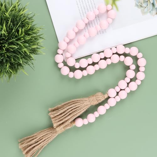 Valentine's Day Wood Bead Garland with Tassels, Farmhouse Rustic Decor Prayer Beads Boho Tassel Garland Decorative Beads for Home Decor (Pink)