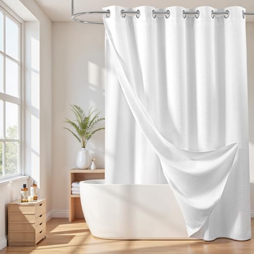White Cotton Blend No Hook Shower Curtain with Liner - 71x74 Inches - River Dream Variation of White / 71W x 74L