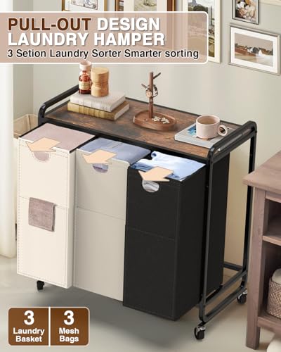Laundry Sorter with 3 Removable Bags and Wooden Shelf - Black, Gray, White, 180L