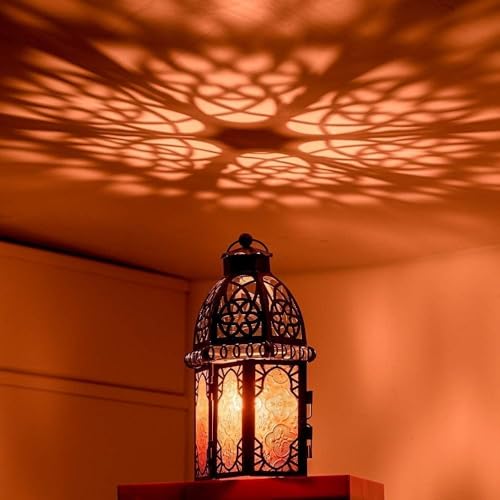 Set of 2 Amber Moroccan Lanterns 12.8'' Hanging & Tabletop Candle Holders, Vintage Copper Finish