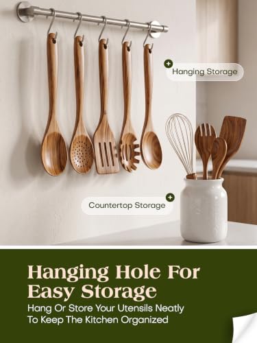 10 Pack Wooden Cooking Utensil Set - Teak Kitchen Tools Including Spatulas Whisk and Spaghetti Server