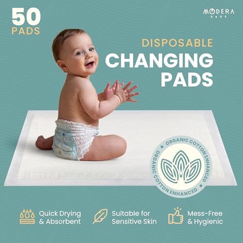 Large Disposable Baby Changing Pad Liners - Organic Cotton, Waterproof, Hypoallergenic, 50 Pack - Mess-Free Diaper Table & Travel Underpads