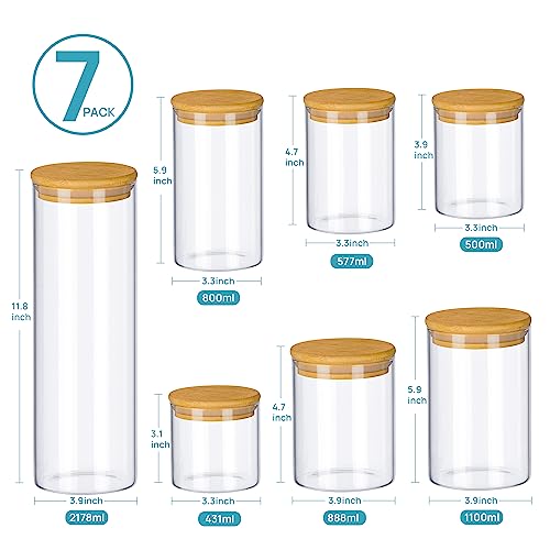Vtopmart 7 Pack Glass Food Storage Jars Set with Bamboo Lids - 15oz to 74oz Kitchen Containers for Pantry Organization