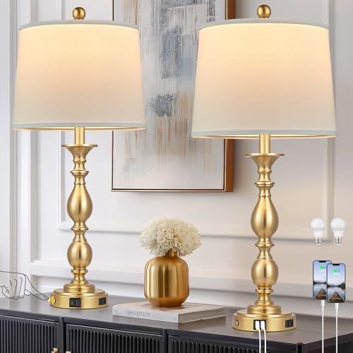 MOUVOVO 28-inch Gold Set of 2 Modern Touch Bedside Table Lamps with USB & Outlet, Farmhouse Nightstand Lamps for Bedroom & Living Room - Includes 2 LED Bulbs