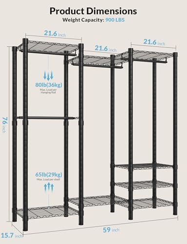 Black Heavy Duty Clothes Rack with 8 Shelves & 4 Adjustable Hangers - Industrial Metal Closet Organizer