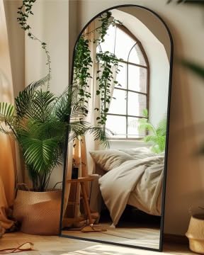 58-Inch Black Arched Full Length Floor Mirror with Stand, Full Body Reflection