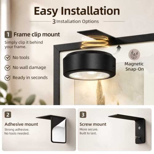 Black 6 Pack Rechargeable Picture Lights for Wall Art with Remote & Timer