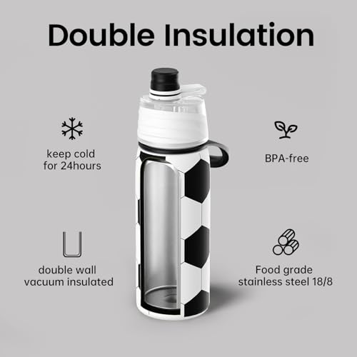 Soccer Water Bottle - 20oz Insulated Misting Bottles Stainless Steel