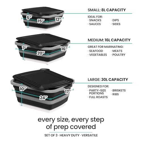 Black Collapsible BBQ Prep Tub Set - 3 Pack with Lids & Drain Spouts
