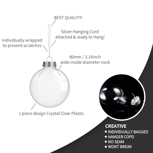 Sratte 12 Sets Christmas Memorial Ornament Feather Ball 80 mm - Clear Plastic Ornaments with White Ribbon