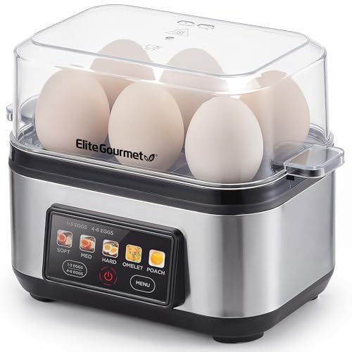 Elite Gourmet 6 Egg Digital Egg Cooker - Stainless Steel, 6-Egg Capacity, One-Touch Display