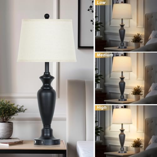 Cinyirong 30-Inch Black Set of 2 Modern Touch Control Bedside Lamps with USB-C & A Ports, AC Outlet, Dimmable Nightstand Lights