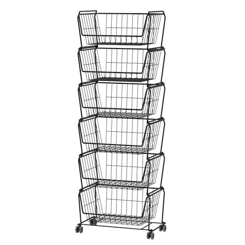 Matte Black 6-Tier Tall Stackable Wire Storage Baskets with Wheels - Vertical Utility Cart