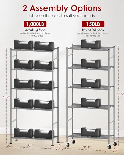 Sakugi 5-Tier Metal Storage Shelves with Wheels - Silver, 33.1 x 12.6 x 73.5 Inches