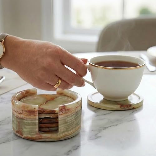 Green Onyx Marble Coasters Set of 6 with Holder - 3.5 Inch Round Natural Stone