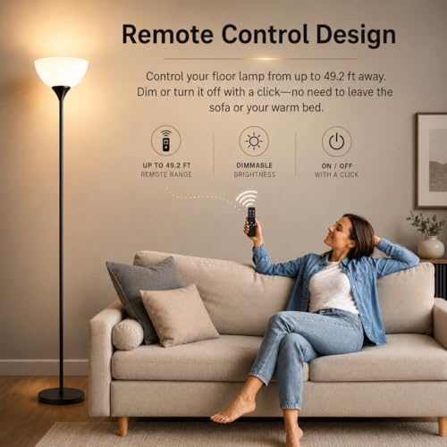PESRAE Matte Black Foldable Floor Lamp with Remote Control & Stepless Dimming