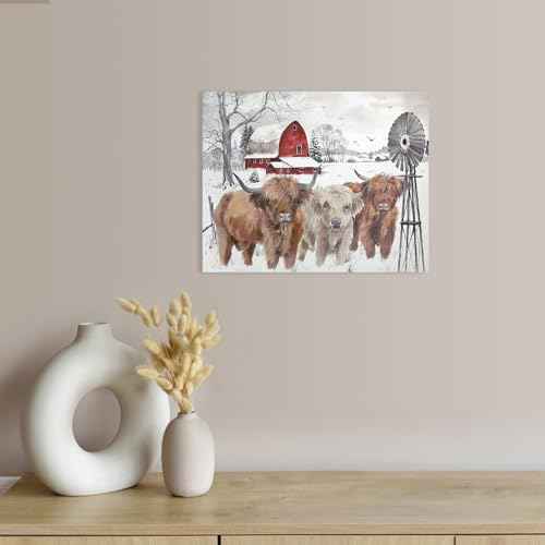 Highland Cow Pictures Christmas Decor: Merry Christmas Wall Art Cow Paintings Farmhouse Decor Rustic Barn Canvas Prints Winter Farm Scene Posters Xmas Holiday Indoor Wall Decorations 10"x12"