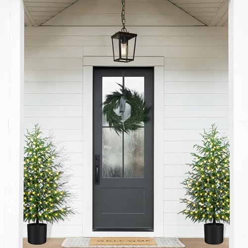 ENVEN 4FT Prelit Norfolk Pine Christmas Tree – Real-Touch Artificial Cedar with 80 LED Lights, 8-Function Plug-in, Potted Faux Tree (4ft-1 Pack)