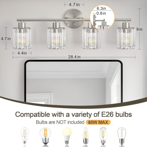 Modern Brushed Nickel Crystal Bathroom Light Fixture - 4-Light, Upward/Downward Mounting