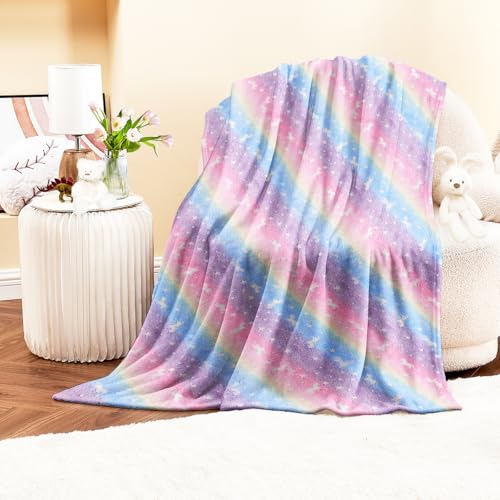 Wajade Unicorn Gifts for Girls - Glow in The Dark Unicorn Blanket Birthday Christmas Decor for Kids Age 3 4 5 6 7 8 9 10 11 12 Years Old Teens Child Toddler Throw Rainbow 50"x60"