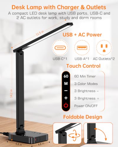 LED Desk Lamp with USB Charging Ports & Power Outlet - Black - Dorm Office