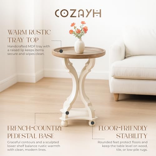 Farmhouse End Table - Round Tray Top Accent Table - White & Brown - 1 Pack