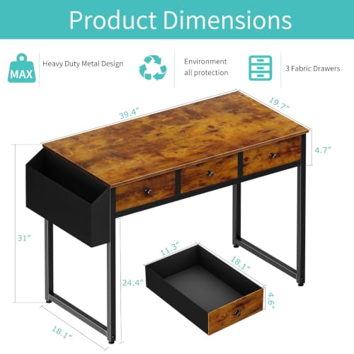 Rustic Brown 39.4 Inch Desk with Drawers - Space-Saving Home Office Writing Table