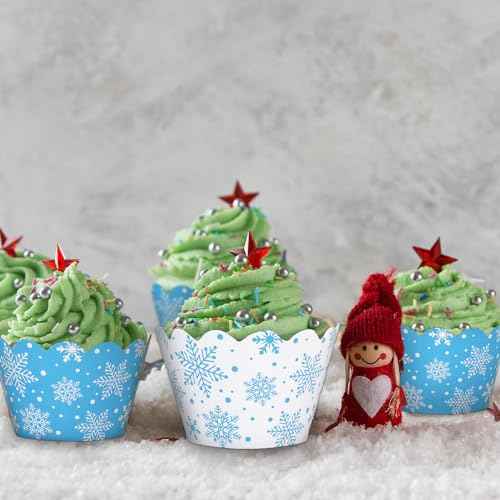 Whaline 36Pcs Winter Cupcake Wrappers White Blue Snowflake Cupcake Liners Decorative Cupcake Holders for Christmas Winter Party Cake Decoration