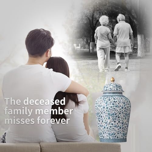 Blue Flower Urn for Adult Ashes - Ceramic Large Memorial Cremation Urn 200 Cubic Inches - Blue Flowers 200Lb Variation